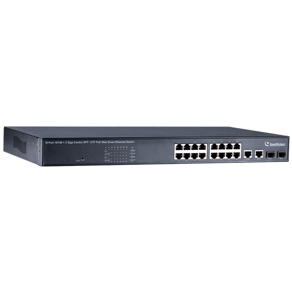 Fast Ethernet Managed PoE+ GEOVISION™ GV-POE1601 16-Port PoE+ (+2TP/SPF Combo) Switch - 250W [84-POE1601-201D]